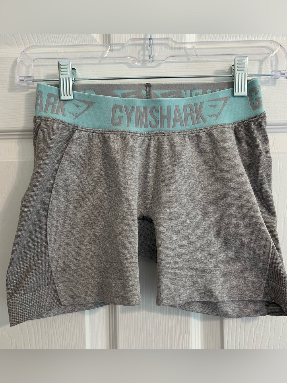 Gymshark Gray Athletic Shorts with Aqua Logo Waistband